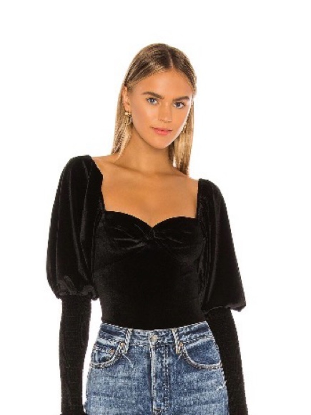 Tularosa Black Velvet Sweetheart Puff-Sleeve Bodysuit